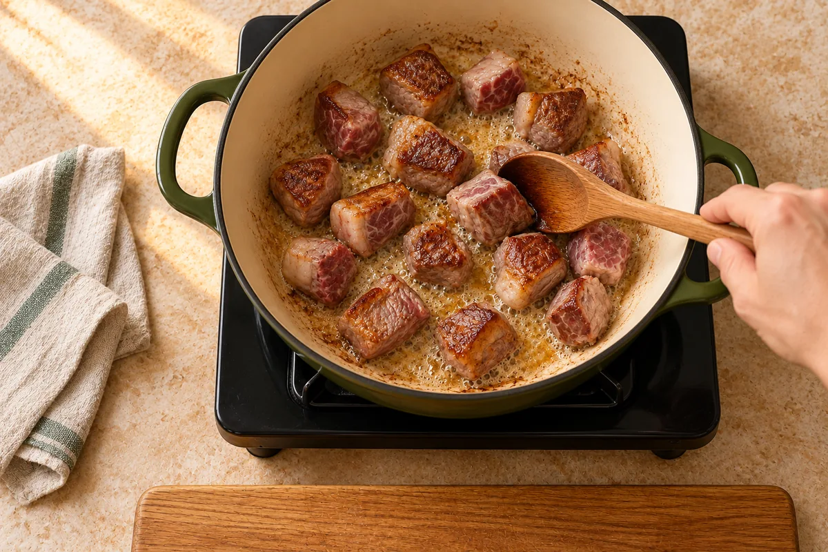 Lammstücke werden in einem olivgrünen Topf in Butter angebraten, von oben gesehen