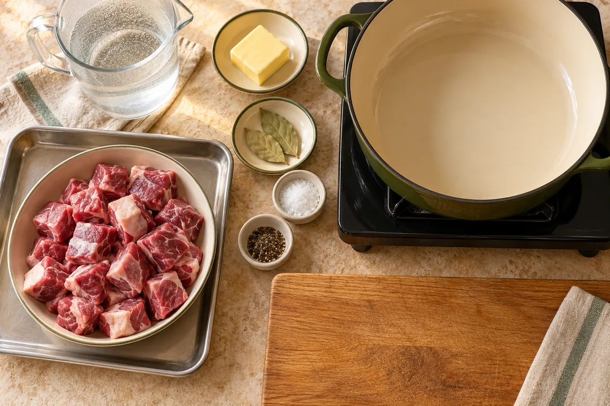 Lamb on its own raw-meat tray with butter, bay leaves, salt, pepper, hot water and a clean pan