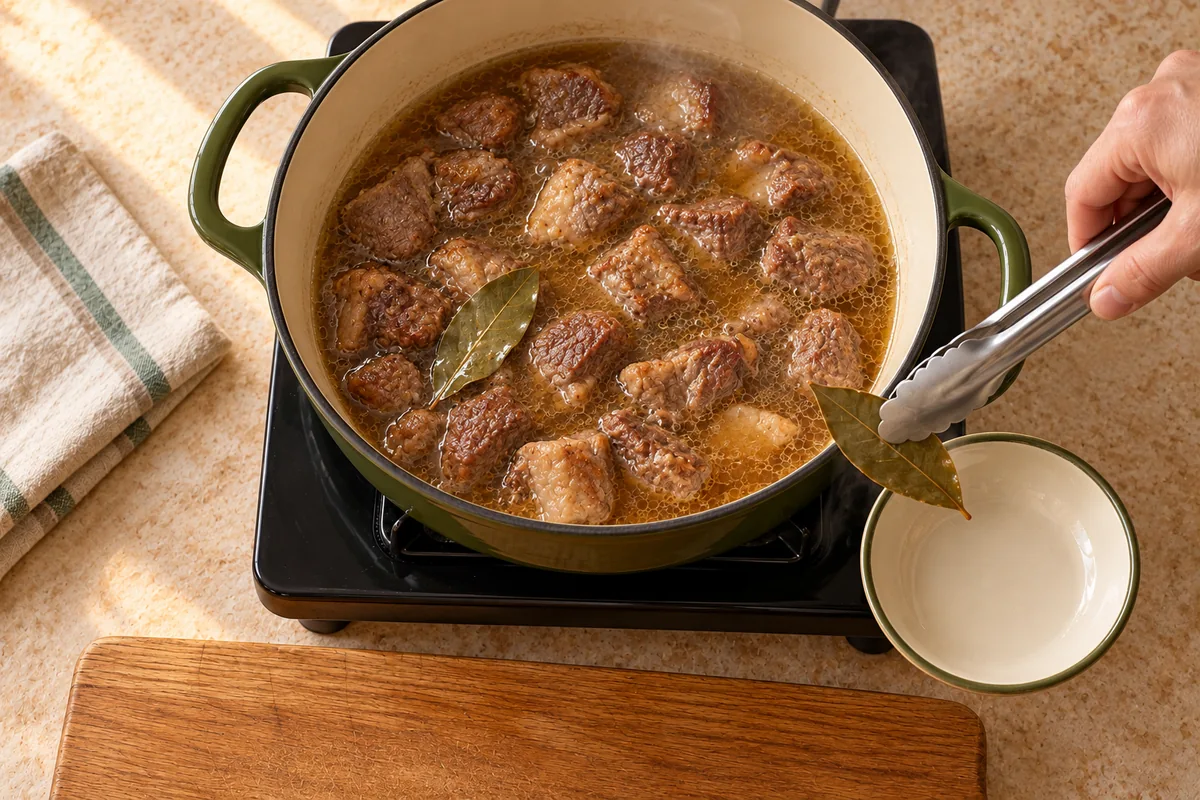 A bay leaf being removed from tender lamb and its golden-brown broth