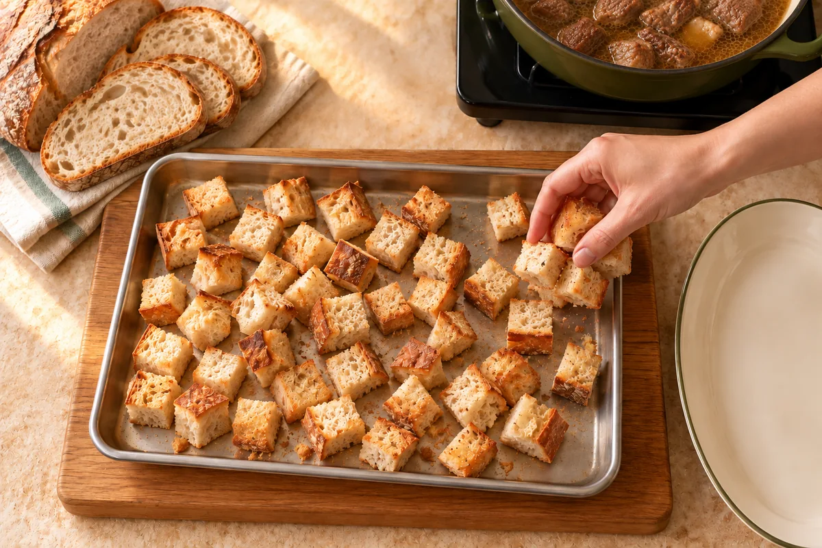 Lightly crisped pieces of fully baked bread on a tray beside a shallow serving dish