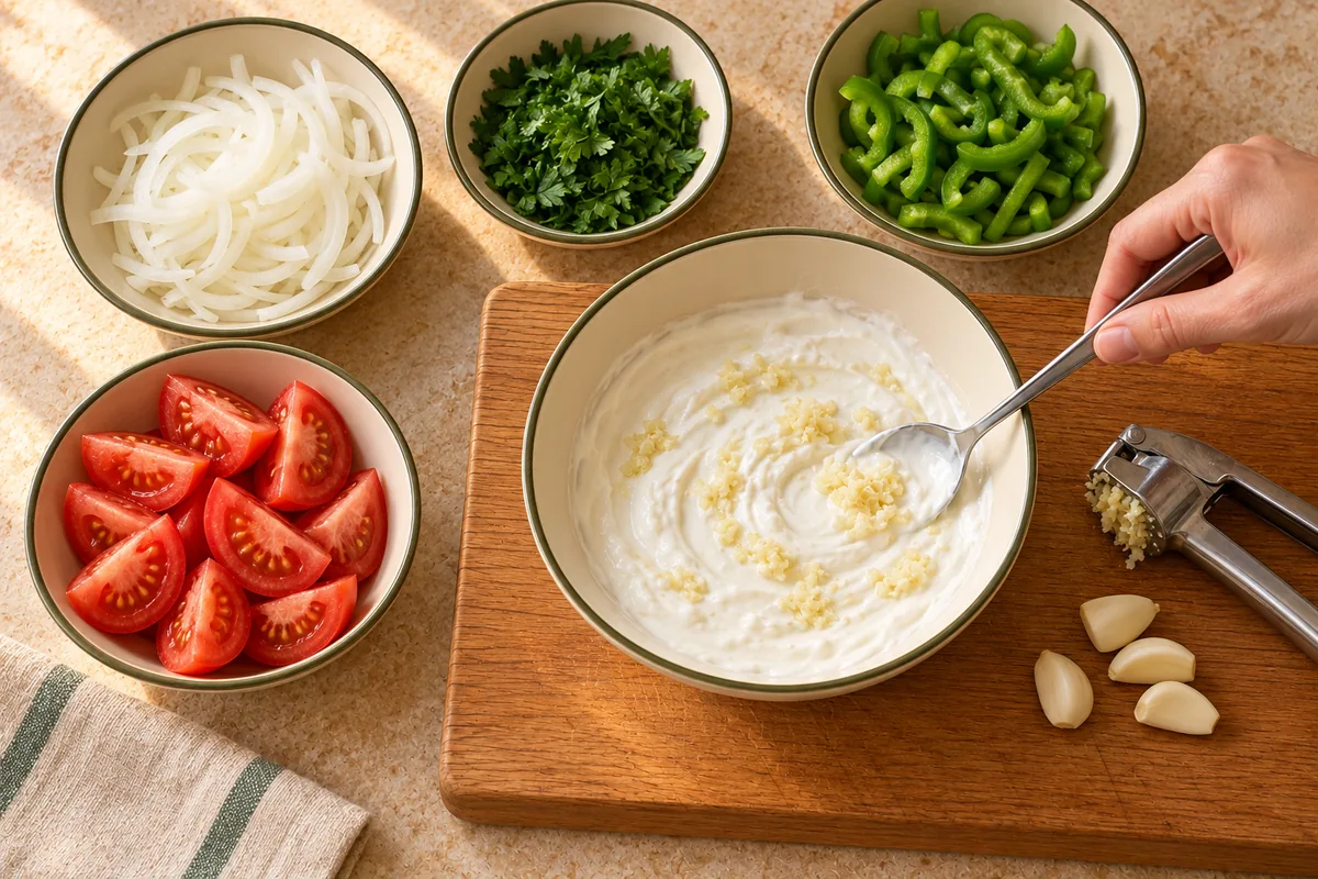 Garlic being stirred into yogurt, with onion, parsley, pepper and tomato in separate bowls