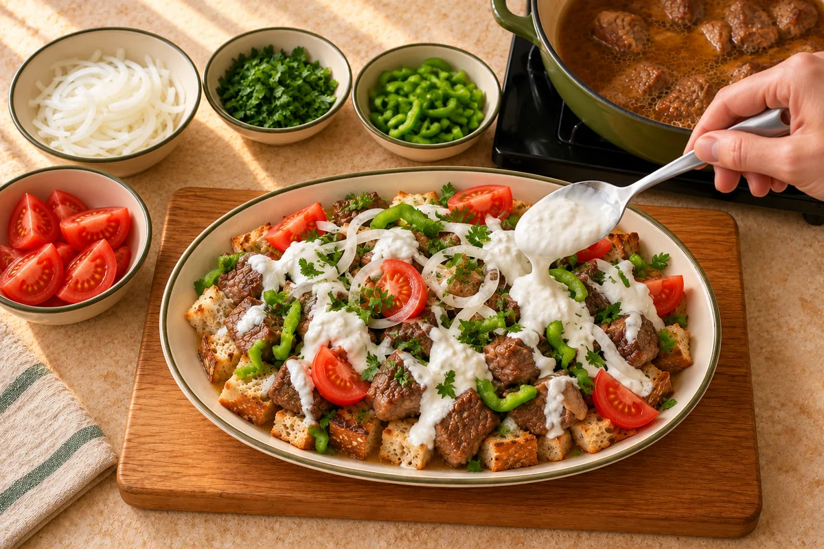 Garlic yogurt, onion, parsley, pepper and tomato finishing the lamb and bread