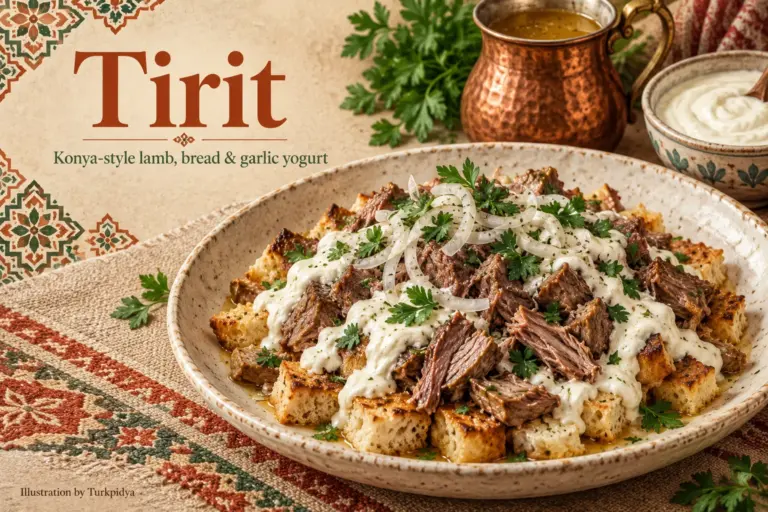 Illustrated Konya-style tirit with lamb, bread, garlic yogurt, onion and parsley