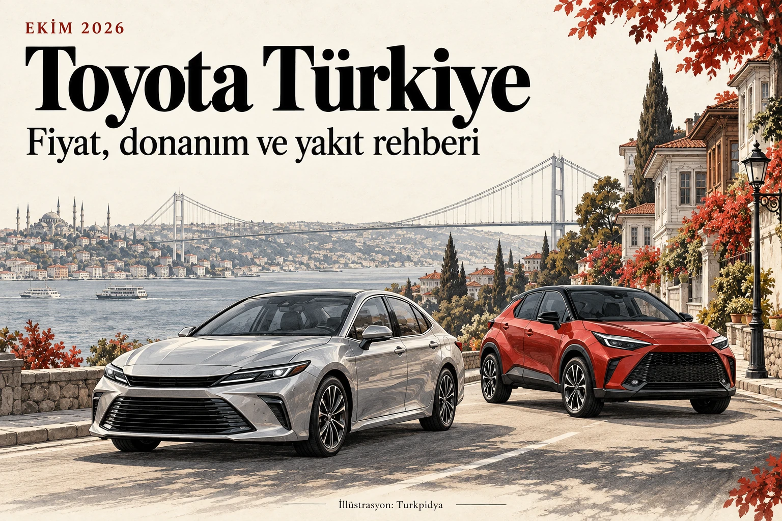 İstanbul kıyısında sedan ve SUV; Toyota Türkiye fiyat, donanım ve yakıt rehberi illüstrasyonu