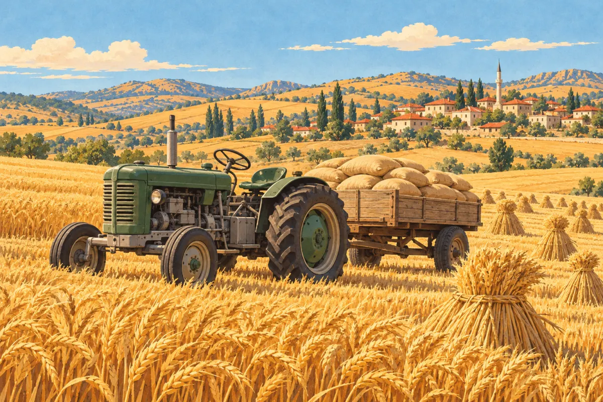 Ilustra&ccedil;&atilde;o: um campo de trigo dourado na colheita, com feixes cortados agrupados em p&eacute;, e um trator antigo verde-escuro puxando um reboque simples de madeira com sacos empilhados; ao fundo, nas colinas, uma aldeia de constru&ccedil;&otilde;es de calc&aacute;rio com um minarete e &aacute;lamos
