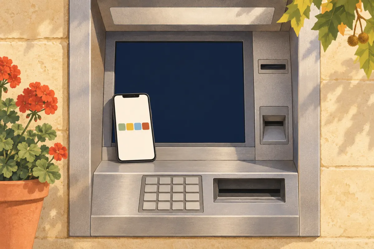 Ilustra&ccedil;&atilde;o: um smartphone apoiado na tela escura e sem conte&uacute;do de um caixa eletr&ocirc;nico de a&ccedil;o inoxid&aacute;vel embutido em uma parede de calc&aacute;rio; o celular exibe uma fileira de quatro blocos simples coloridos, com um ger&acirc;nio em um vaso de terracota ao lado