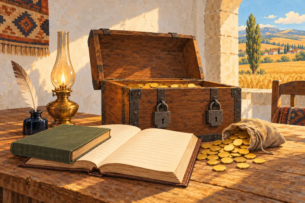 Ilustra&ccedil;&atilde;o: um cofre de nogueira com cintas de ferro e duas fechaduras, com a tampa aberta, sobre uma mesa r&uacute;stica de um sal&atilde;o comunit&aacute;rio rural, ao lado de um livro-raz&atilde;o aberto com p&aacute;ginas pautadas em branco, um livro-di&aacute;rio fechado, um saco de pano de onde caem moedas douradas sem inscri&ccedil;&otilde;es, uma lamparina de lat&atilde;o e uma pena em um tinteiro; uma pequena janela em arco revela um campo de trigo
