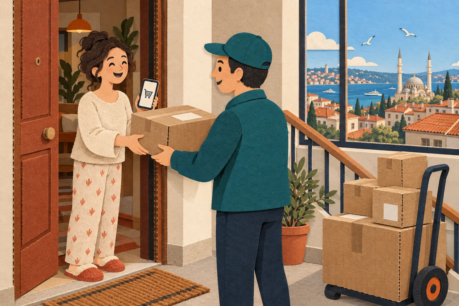 Ilustración: un repartidor con chaqueta turquesa entrega una caja de cartón a una mujer sonriente en la puerta de un piso en Estambul; ella lleva un teléfono con el icono de una cesta y, por la ventana de la escalera, se ven tejados de tejas, una mezquita y el Bósforo