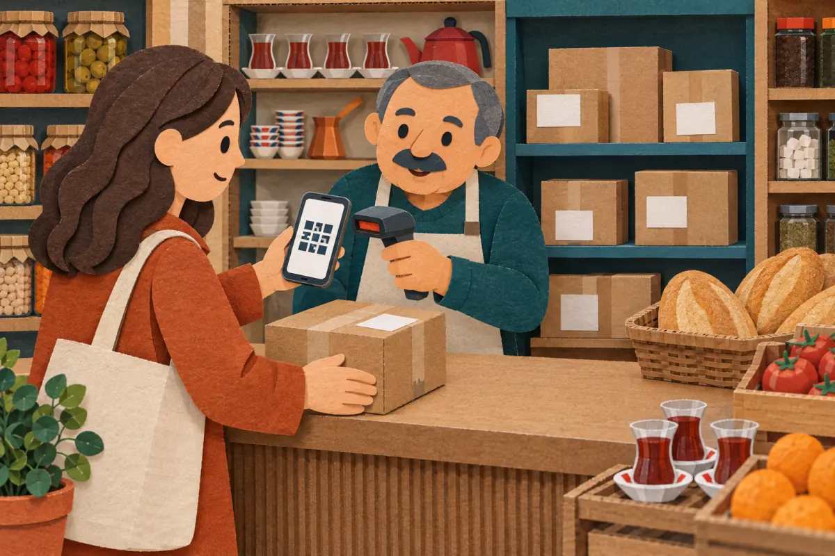 Ilustración: en una pequeña tienda turca, una compradora deja una caja precintada en el mostrador y muestra un teléfono con un código cuadrado; el vendedor apunta un escáner a la pantalla y, detrás de él, hay estantes con tarros, vasos de té y otros paquetes