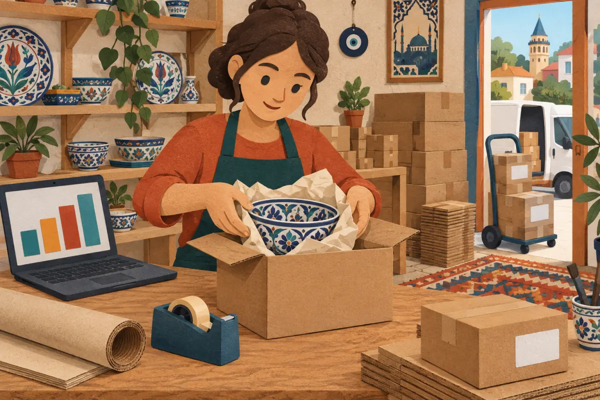 Ilustración: una artesana con delantal, ante una mesa de madera, envuelve en papel un cuenco de cerámica pintado y lo coloca en una caja de cartón; al lado hay un portátil con un sencillo gráfico de barras y un dispensador de cinta adhesiva, y junto a la puerta, un carrito con paquetes listos