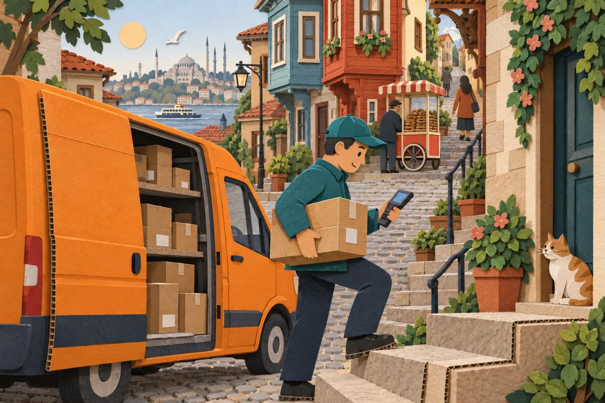 Ilustración: una furgoneta naranja sin rótulos, con la puerta lateral abierta, está en una empinada calle empedrada de Estambul; un repartidor con dos cajas y un escáner sube los escalones, un gato está sentado junto a la puerta y, más arriba, hay un carrito de simit
