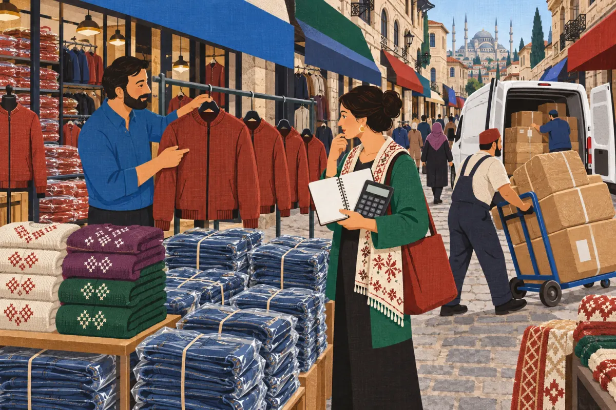 Ilustrație: pe o stradă angro din Istanbul, un v&acirc;nzător &icirc;i arată unei cumpărătoare cu caiet și calculator o jachetă dintr-o serie de mărimi; &icirc;n față stau baloturi de blugi &icirc;n folie și teancuri de pulovere, iar un hamal &icirc;mpinge cutii spre o dubiță albă