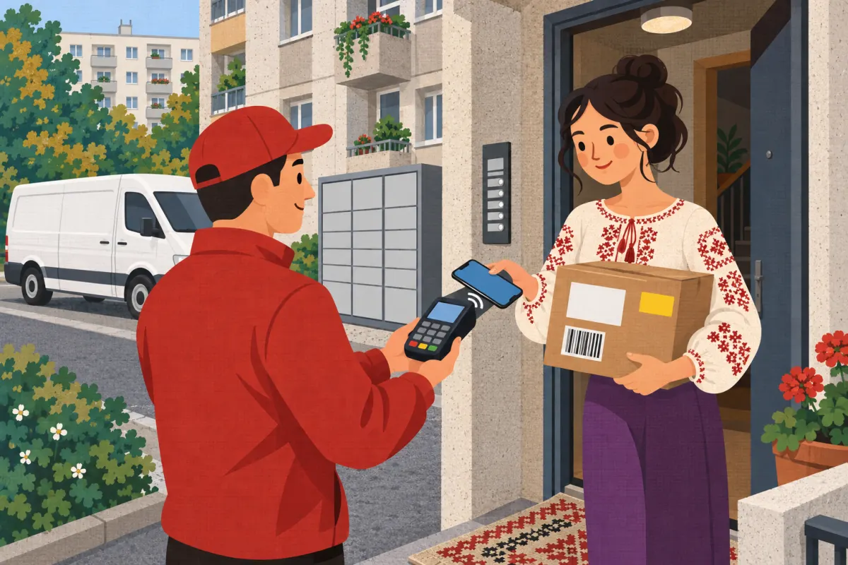 Ilustrație: la intrarea unui bloc, un curier &icirc;n geacă roșie ține un terminal de plată, iar o t&acirc;nără &icirc;n ie, cu un colet &icirc;n brațe, plătește cu telefonul; &icirc;n spate, o dubiță albă și un dulap de colete