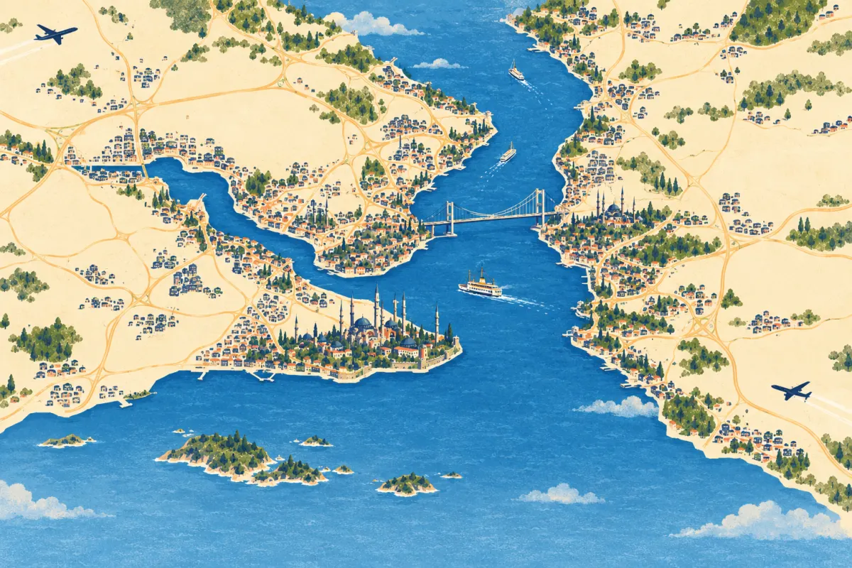 Illustration : carte schématique d’Istanbul avec le Bosphore, la Corne d’Or, la péninsule historique et deux symboles d’aéroport