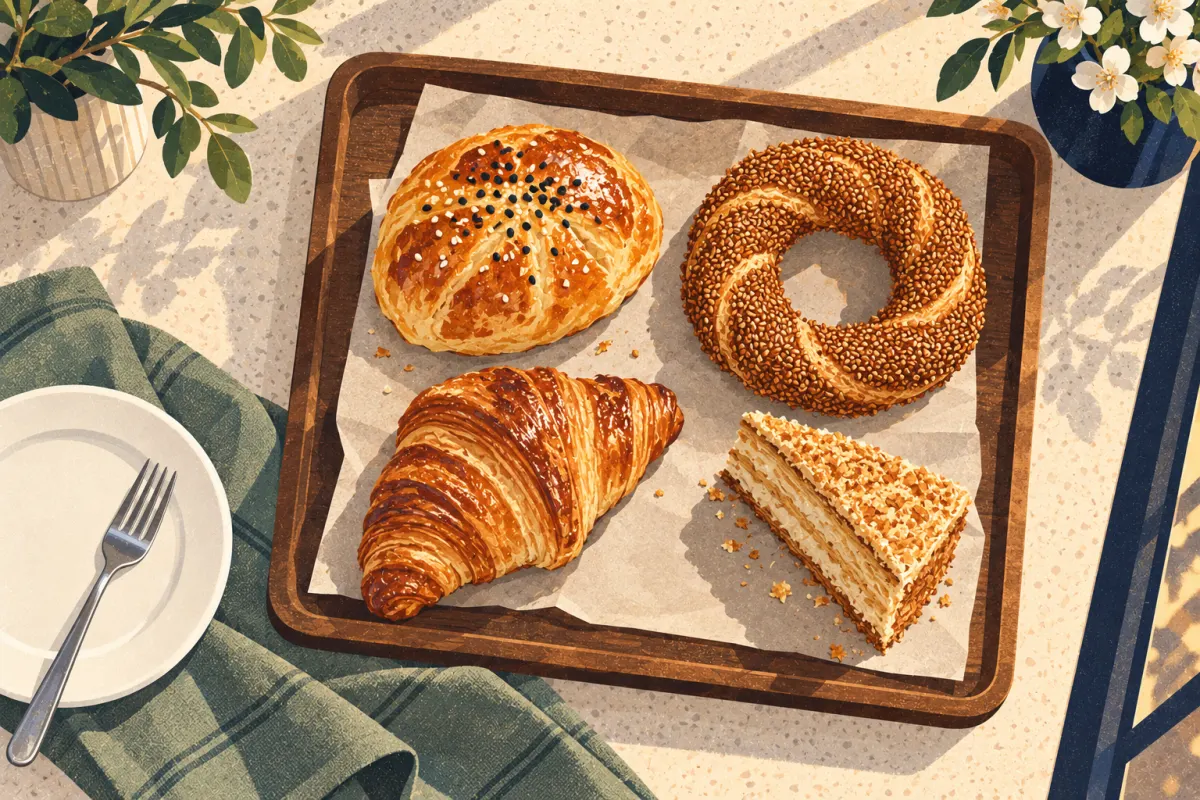 Illustration : poğaça, simit, croissant et part de gâteau sur un plateau de viennoiseries et pâtisseries
