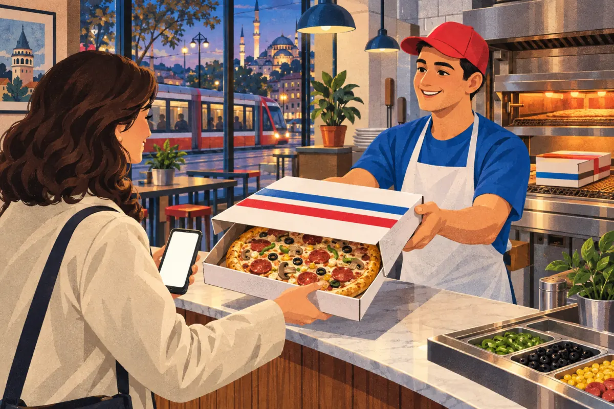 Illustration: inside a small pizza branch a customer with a phone takes a pizza box across the counter from a staff member, the oven glowing behind and a tram passing outside
