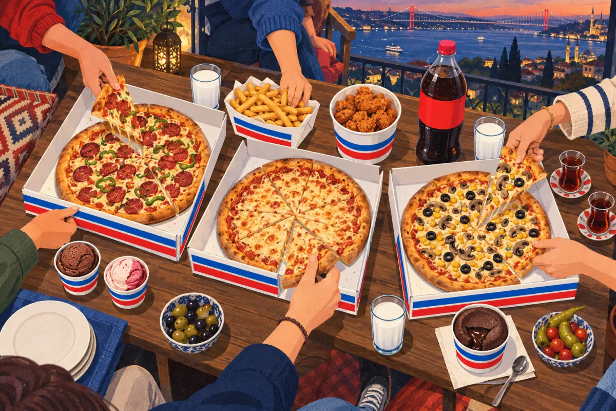 Illustration: friends on an Istanbul balcony at dusk reach into three open pizza boxes, with fries, chicken bites, a soufflé, ayran and a bottle of cola on the table