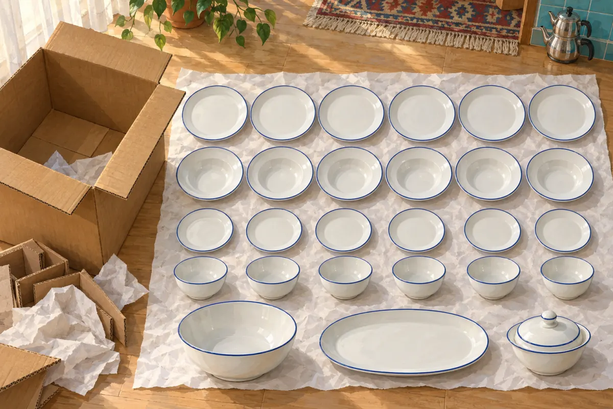 Illustration : le contenu d’un service de table en boîte disposé sur du papier de soie à côté d’un carton ouvert : six grandes assiettes, six assiettes creuses, six petites assiettes, six petits bols, un saladier, un plat ovale et un plat à couvercle, tous blancs à fin liseré bleu
