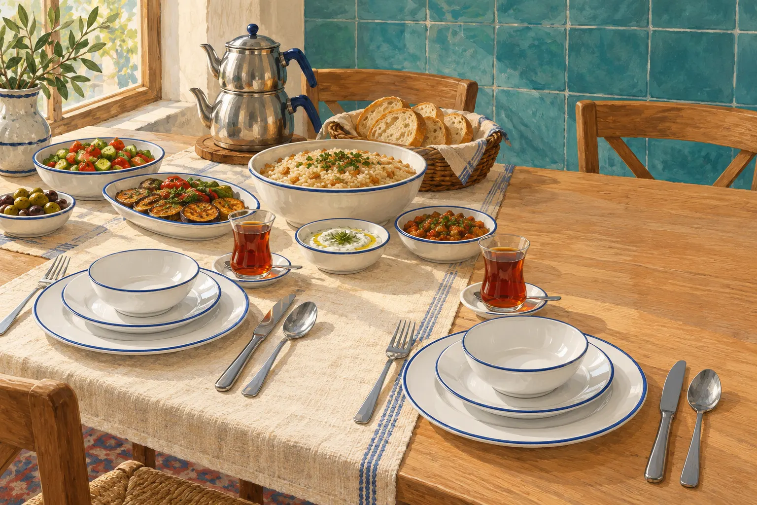 Illustration : une table turque dressée, vue en plongée oblique : deux couverts avec chacun une assiette en porcelaine blanche à fin liseré bleu, surmontée d’une petite assiette et d’un bol, ainsi qu’une fourchette, un couteau et une cuillère en acier ; des verres à thé tulipe sur leurs soucoupes, un bol de pilaf, un plat d’aubergines et de poivrons grillés, de la salade, des olives et du yaourt dans des bols blancs, du pain dans une corbeille et une théière double, avec des carreaux turquoise en arrière-plan