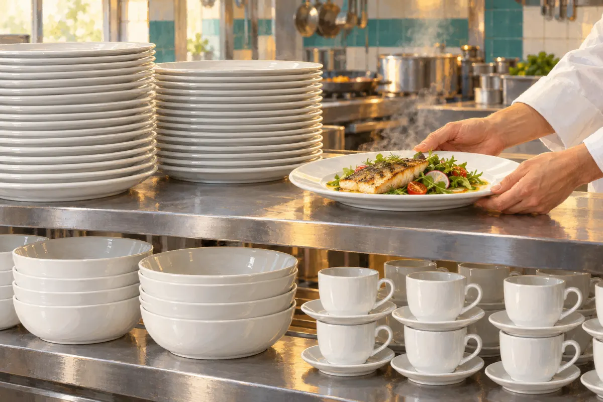 Illustration : le passe d’une cuisine de restaurant avec de hautes piles d’assiettes épaisses en porcelaine blanche unie, des rangées de bols et de tasses sur leurs soucoupes, et les mains d’un chef en manches blanches qui y dépose une assiette de poisson grillé