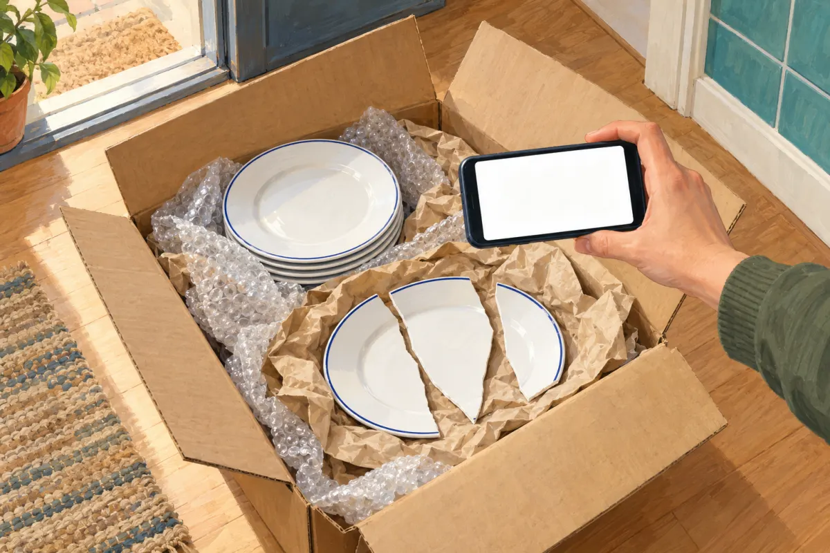 Illustration : un carton ouvert au sol, avec du papier bulle et du papier froissé, une pile d’assiettes blanches intactes à fin liseré bleu et une assiette cassée en trois morceaux, tandis qu’une main tient un téléphone au-dessus des morceaux pour les photographier