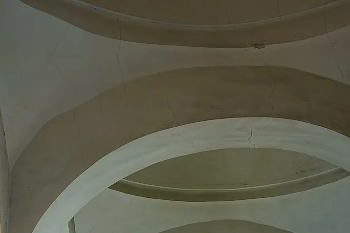 Pale plaster vault arches of the Bedesten in Bursa seen from below