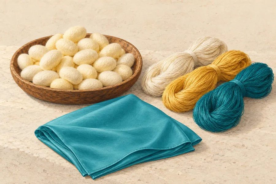 Illustration: a wooden bowl of pale silk cocoons beside three skeins of silk thread in cream, gold and turquoise and a folded turquoise silk scarf, on pale stone