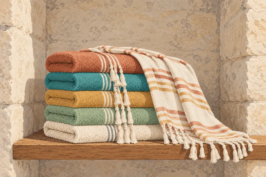 Illustration: five folded terry towels in rust, teal, mustard, green and cream with striped ends, and a striped cloth with tassels draped over them, on a wooden shelf in a stone niche