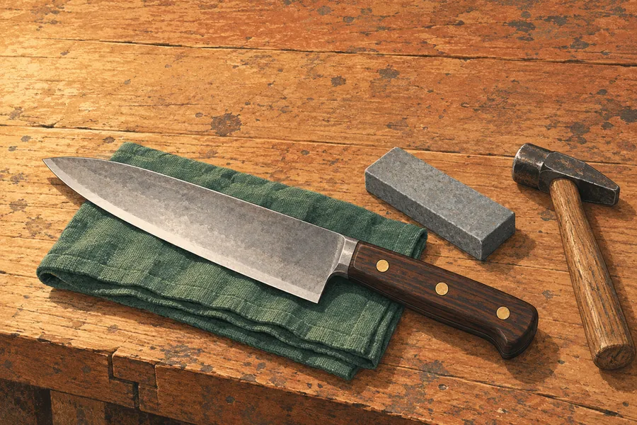 Illustration: a plain-bladed knife with a dark wooden handle on a green cloth, beside a whetstone and a hammer, on a worn workbench