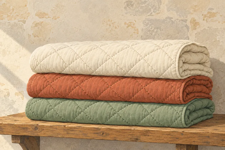 Illustration: three folded quilted yorgans in cream, terracotta and sage green, stacked on a wooden bench against a stone wall