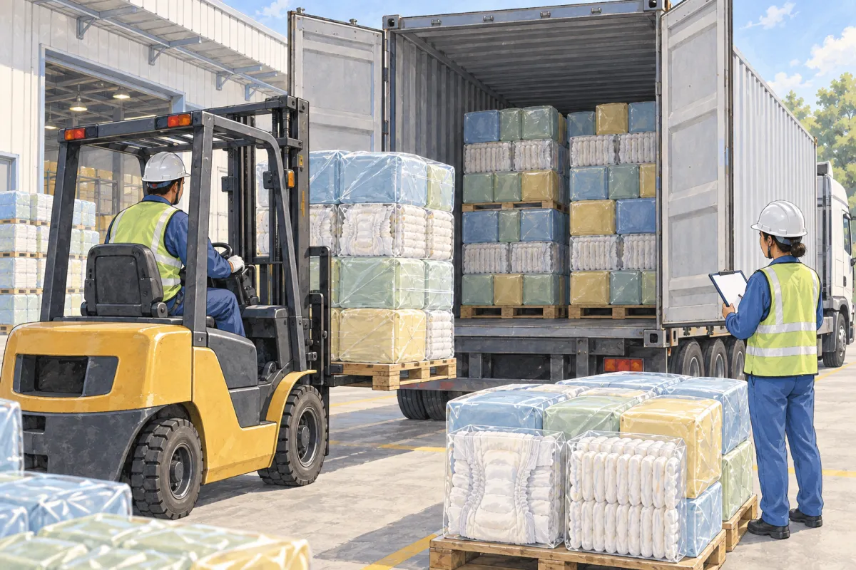 Illustrazione: un carrello elevatore carica un pallet di confezioni di pannolini senza marchio in un container aperto, mentre un addetto conta le confezioni