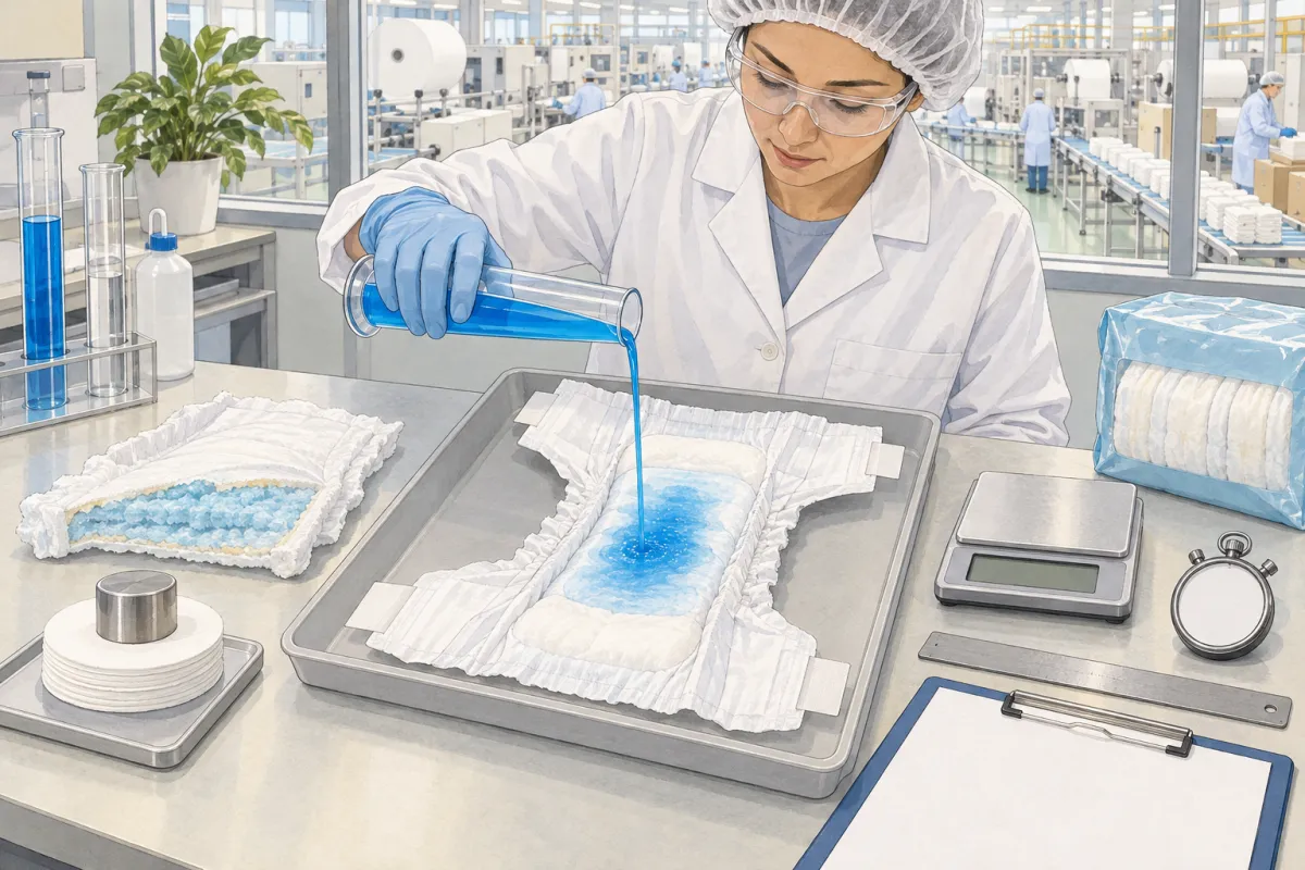 Illustrazione: un tecnico di laboratorio versa un liquido di prova blu su un pannolino aperto in un vassoio, accanto a una bilancia, carte da filtro e un cronometro