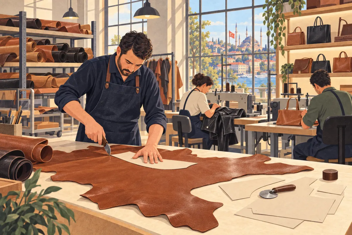 Ilustra&ccedil;&atilde;o: um artes&atilde;o corta uma pe&ccedil;a de bolsa de uma pele inteira cor conhaque sobre uma mesa de corte, enquanto dois trabalhadores costuram uma jaqueta preta e uma bolsa caramelo atr&aacute;s dele
