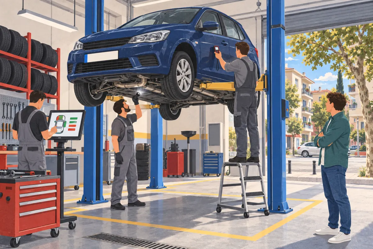 Ilustrație: un hatchback bleumarin cu o plăcuță de înmatriculare goală se află pe un elevator într-un atelier luminos; un mecanic luminează suspensia cu o lanternă, altul măsoară grosimea vopselei pe portieră, al treilea privește o tabletă, iar cumpărătorul observă de alături