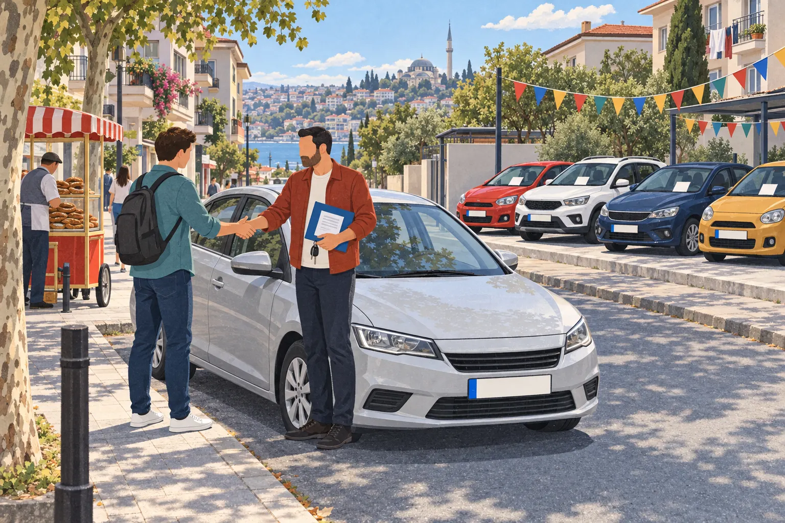 Ilustrație: pe o stradă însorită din Turcia, vânzătorul îi înmânează cumpărătorului cheile și un dosar albastru lângă un sedan argintiu cu o plăcuță de înmatriculare goală; alături se află un mic parc de mașini rulate, sub stegulețe colorate, iar în fundal se văd blocuri cu balcoane, un cărucior cu simit și un minaret pe un deal