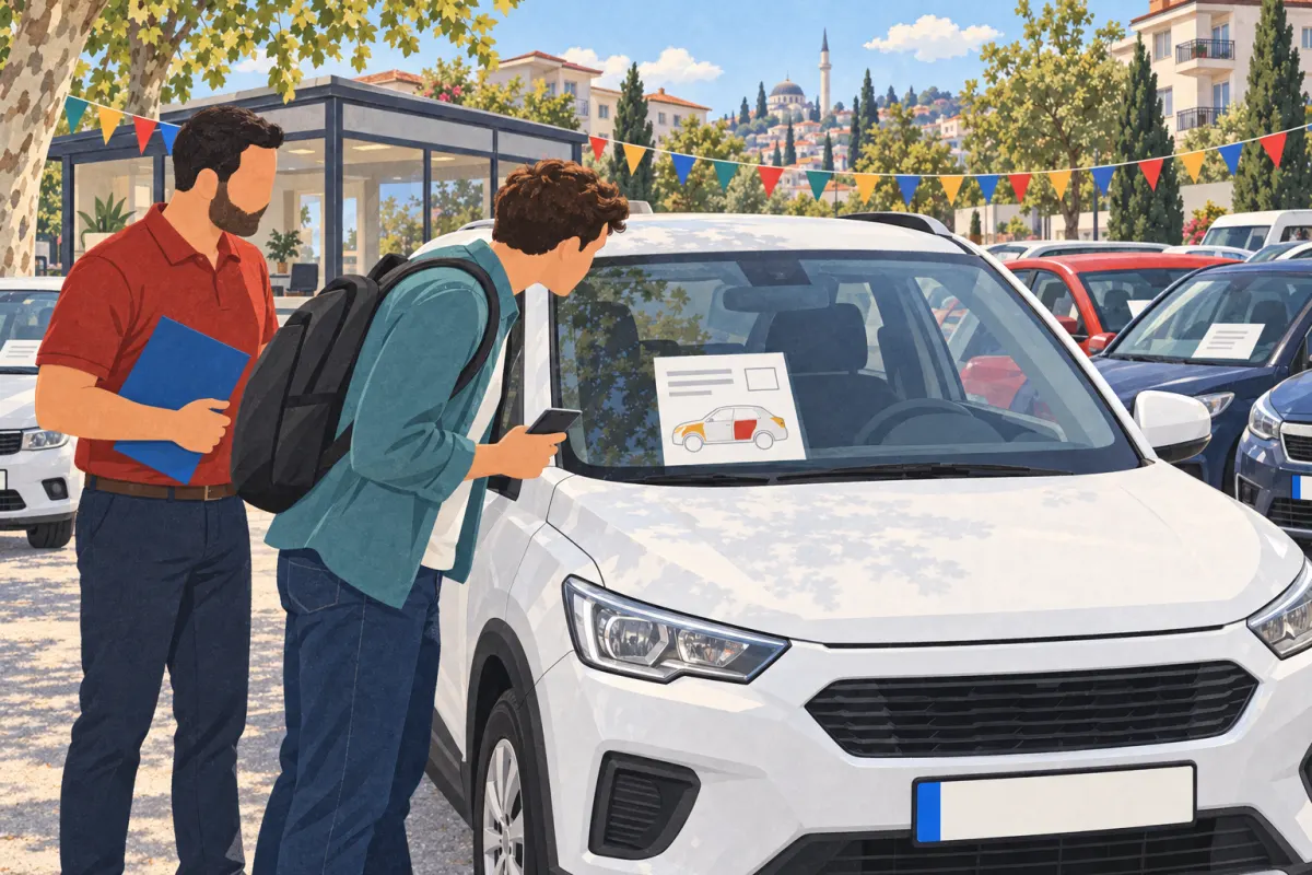 Ilustrație: într-un parc de mașini rulate, un cumpărător cu rucsac se apleacă peste un SUV alb pentru a citi fișa din spatele parbrizului, pe care apare desenul unei mașini cu anumite elemente marcate; alături stă vânzătorul cu un dosar albastru, iar în fundal se văd alte mașini cu fișe și stegulețe colorate