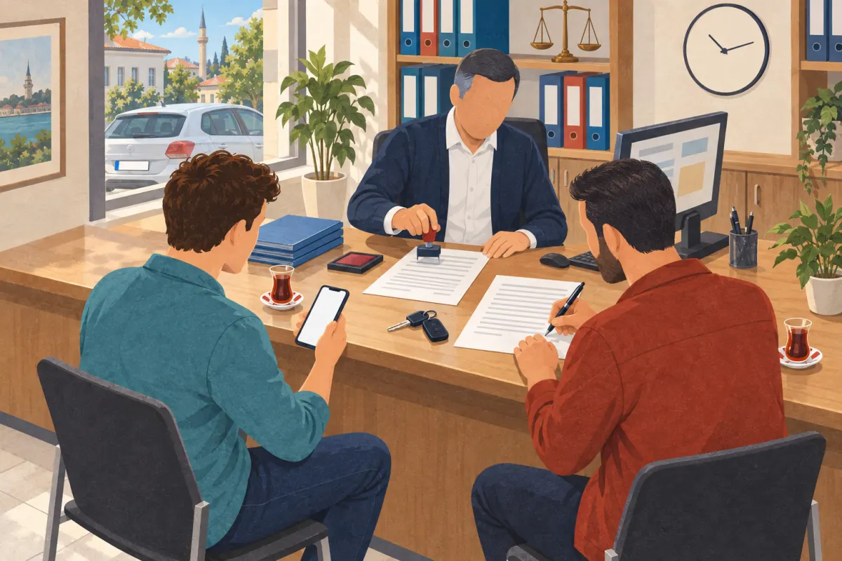 Ilustrație: într-un birou notarial luminos, vânzătorul semnează contractul la un ghișeu din lemn, alături de cumpărătorul care ține un telefon; pe blat se află chei, o ștampilă și două pahare de ceai, iar în spatele ghișeului un angajat aflat la calculator ține o ștampilă