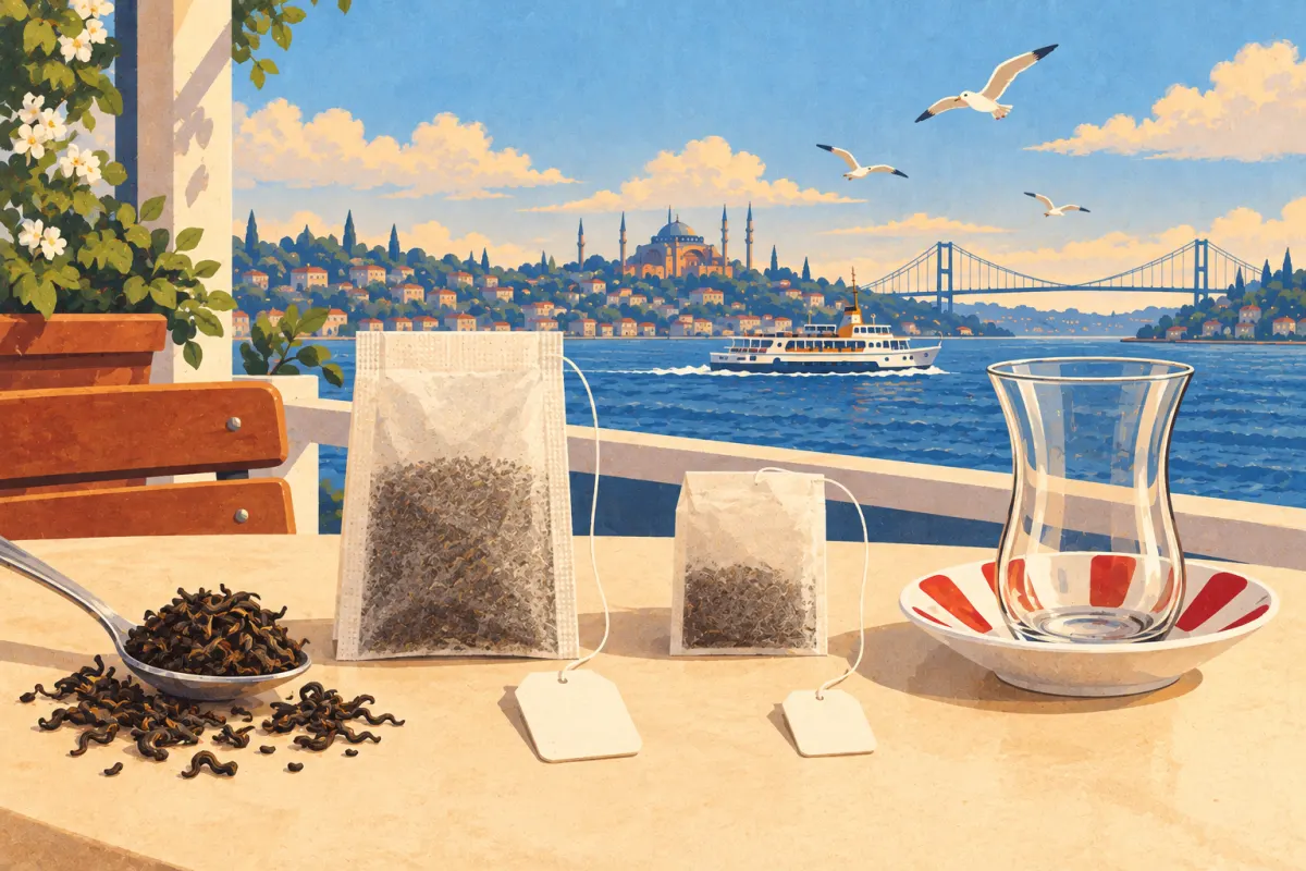 Ilustración: una cuchara de té negro a granel, una bolsita grande para tetera y una pequeña para vaso junto a un vaso de tulipán vacío