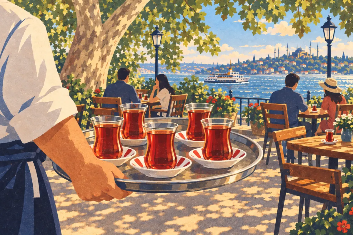 Ilustración: un jardín de té bajo plátanos de sombra, con un camarero que lleva una bandeja de vasos de tulipán entre las mesas