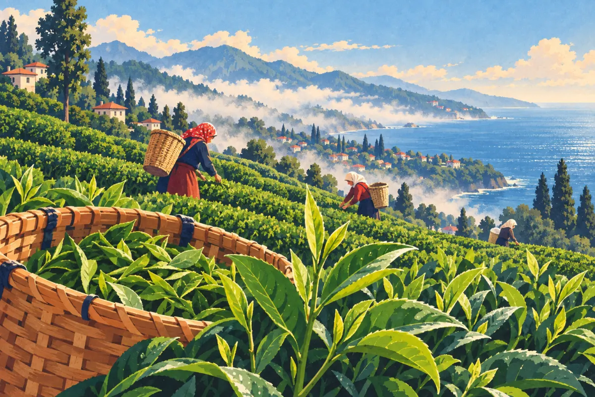 Ilustración: recolectores de té con cestas en las verdes laderas de Rize sobre el mar Negro