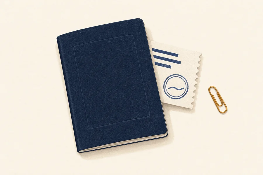Un pasaporte azul marino con la cubierta en blanco sobre papel de color crema, con un papel claro de borde rasgado entre sus páginas
