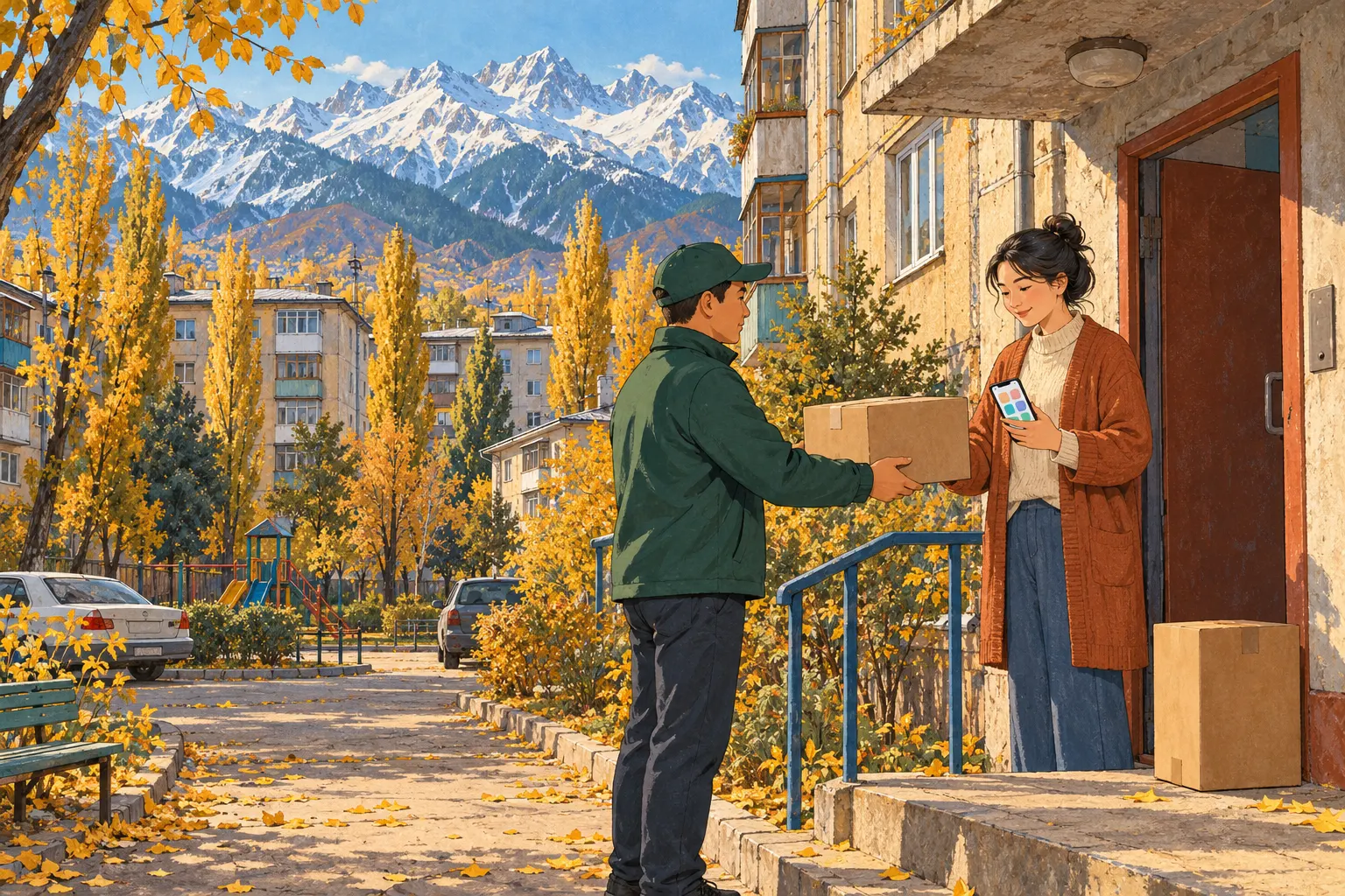 Ilustración: un repartidor entrega un paquete a una mujer junto a la entrada de un edificio, en un patio de Almaty; tras los tejados, las montañas nevadas del Trans-Ili Alatau