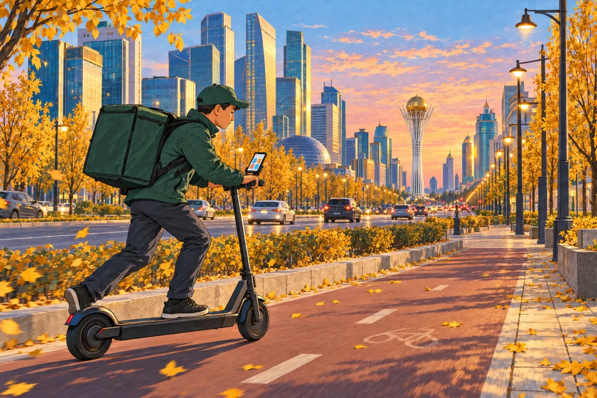 Ilustración: un repartidor en un patinete eléctrico con una caja térmica circula por un bulevar de Astana; al fondo, la torre Baiterek