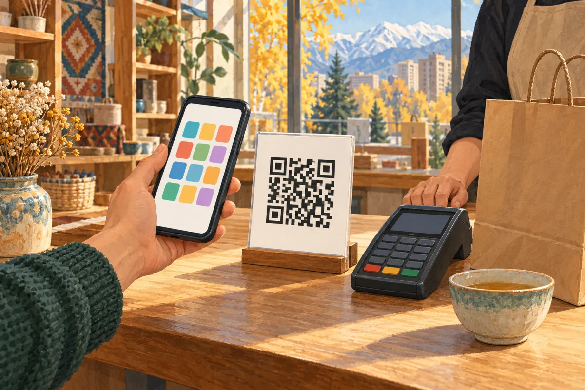 Ilustración: una mano sostiene un teléfono junto a un soporte con un patrón QR sobre el mostrador de una tienda; al lado hay un terminal de tarjetas y una bolsa de papel