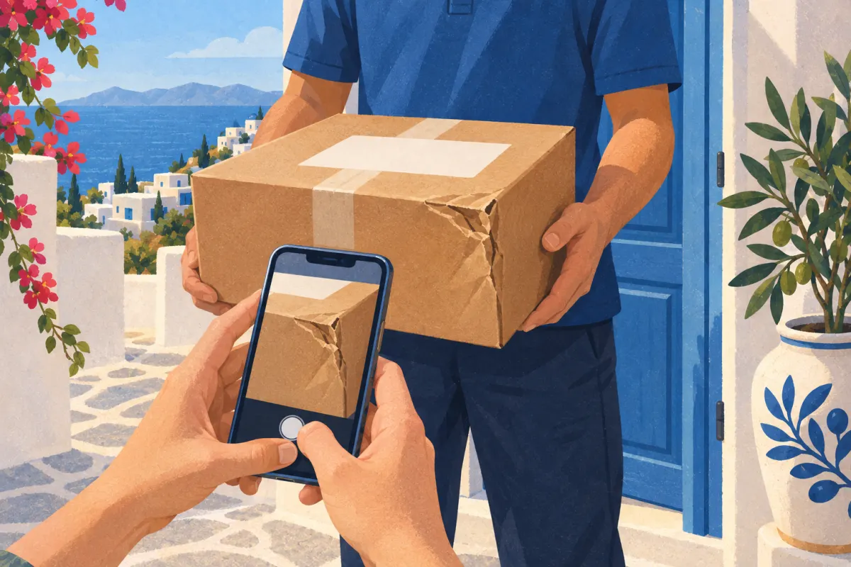 Illustration: Der Empfänger fotografiert einen Schaden am Paket, das der Zusteller hält