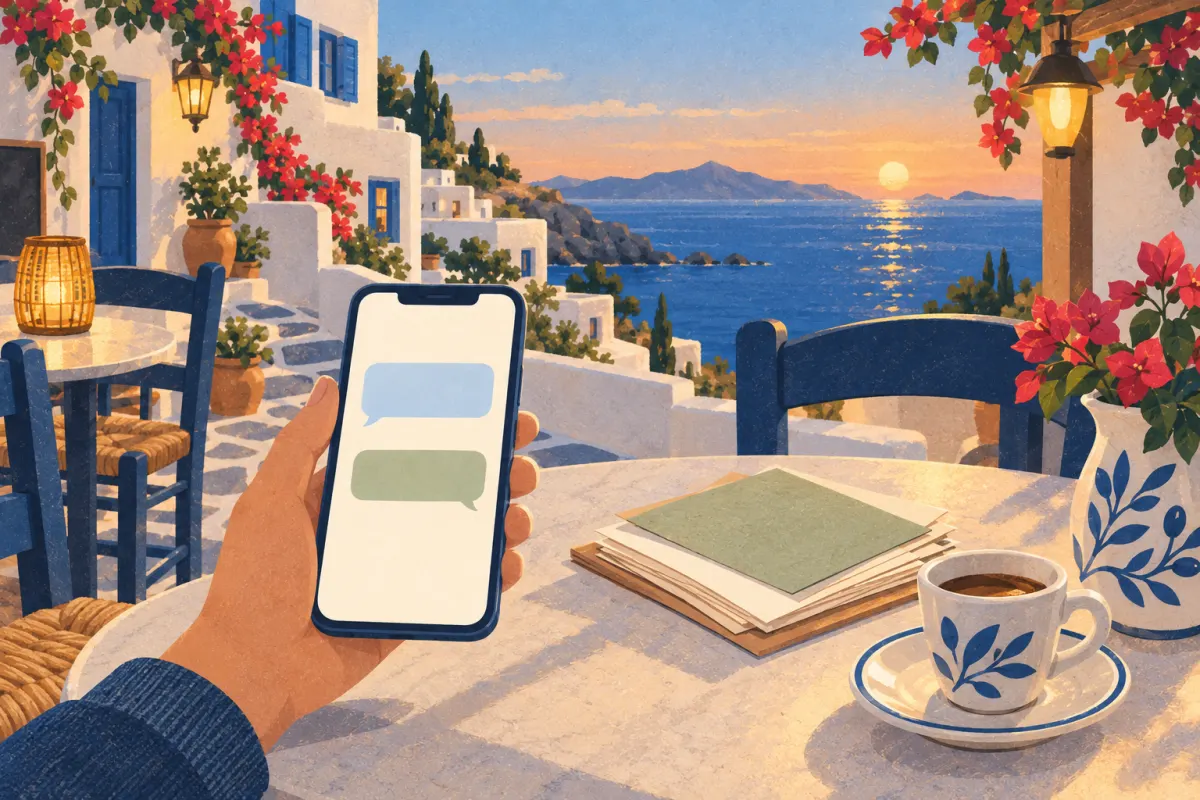 Illustration: ein Handy mit leeren Sprechblasen und eine Dokumentenmappe in einem Café am Abend