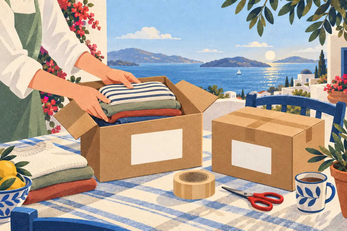 Illustration: Hände verpacken Kleidung in getrennten Paketen mit weißen Etiketten