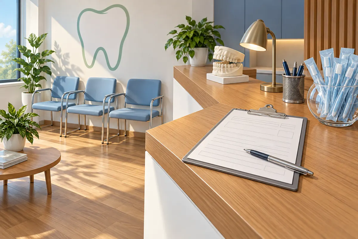 Illustration&nbsp;: le bureau d&rsquo;accueil d&rsquo;une clinique dentaire&nbsp;; un porte-bloc avec un formulaire vierge, un mod&egrave;le de m&acirc;choire et des brosses &agrave; dents emball&eacute;es dans un gobelet, avec des chaises de salle d&rsquo;attente derri&egrave;re