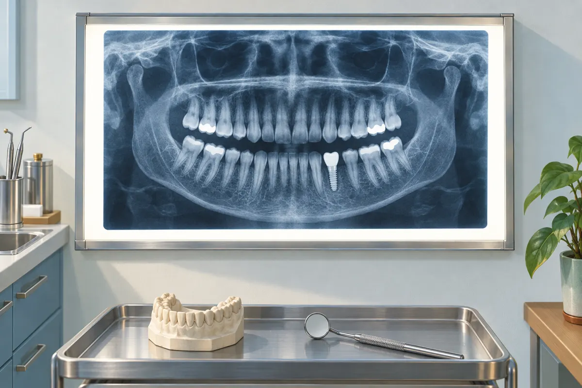 Illustration&nbsp;: une radiographie panoramique dentaire sur un panneau lumineux, avec un implant sur l&rsquo;une des dents du bas&nbsp;; devant, un plateau en acier avec un mod&egrave;le de m&acirc;choire et un miroir