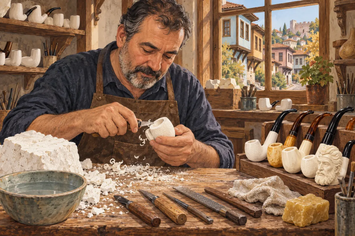Illustration: a craftsperson wearing an apron carves a white meerschaum pipe with a small knife at a workbench; beside them are a raw white block, a bowl of water, a piece of beeswax and a row of finished white pipes